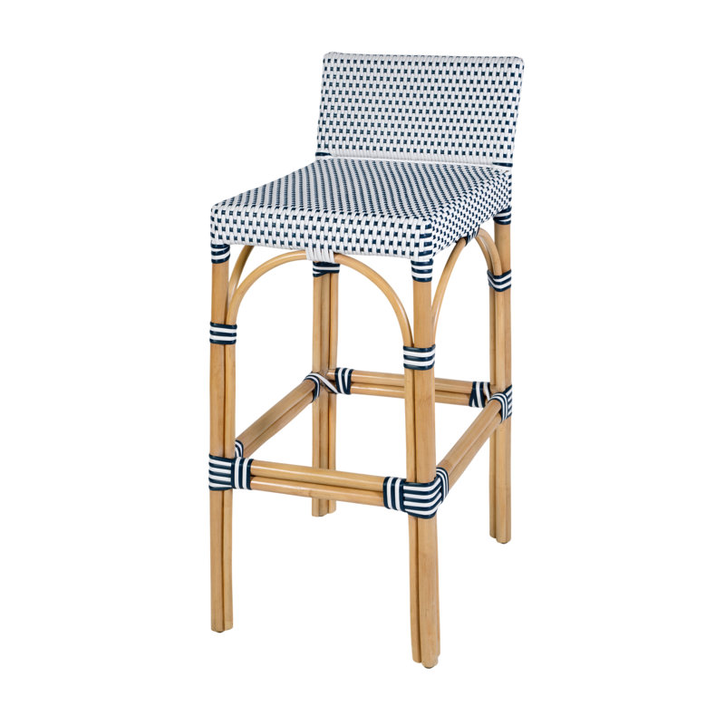 Serienna Blue & White Rattan Low Back Counter Stool, White/Blue Dot, Bar Stool (30" Seat Height)