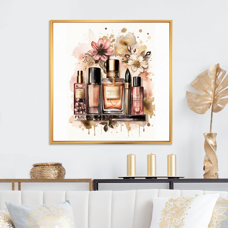 Rose et or, maquillage boho chic et beauté I, impression sur toile, Cadre naturel flottant, H 16 po x l 16 po