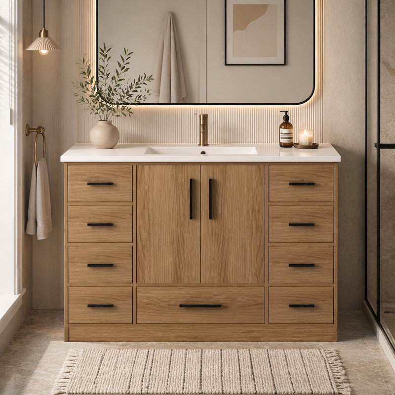 Meuble-lavabo 48 po en chêne clair. Armoire de rangement abondante - 2 portes à fermeture douce et 9 tiroirs