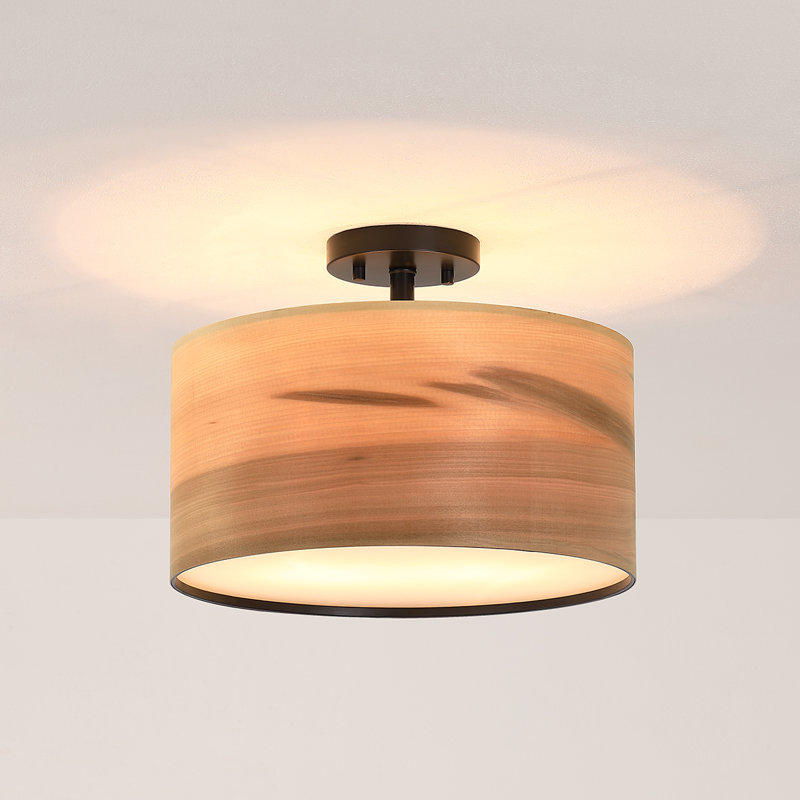 14 In. 2-Light Wood Veneer Drum Ceiling Light Semi Flush Mount, 14'' W - 2 sockets