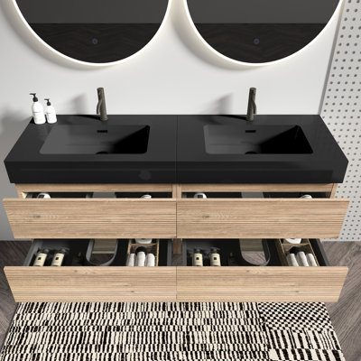 Meuble-lavabo de salle de bain de 60 pouces, lavabo noir mat, tiroirs en chêne brut, conception à double tiroir, panneau à grille, jointure en noyer, matériaux de qualité E1, laque à l'eau E0, style moderne du milieu du siècle, 60 pouces