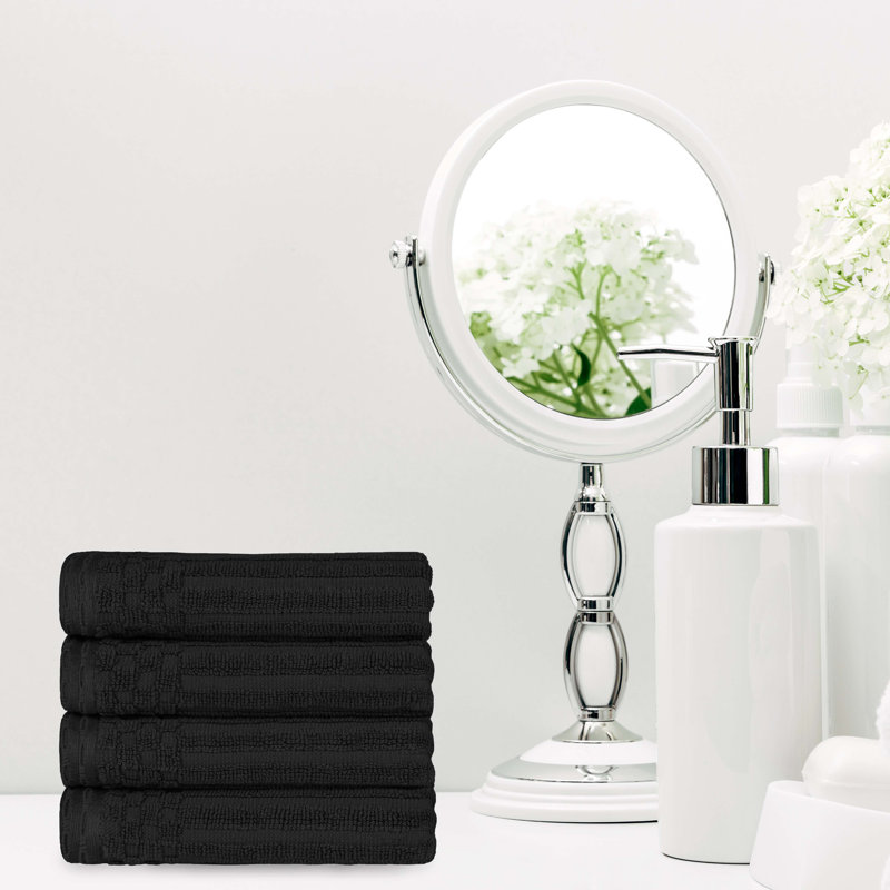 Kleiman Cotton Highly Absorbent Solid and Checkered Border Hand Towel Set, Black