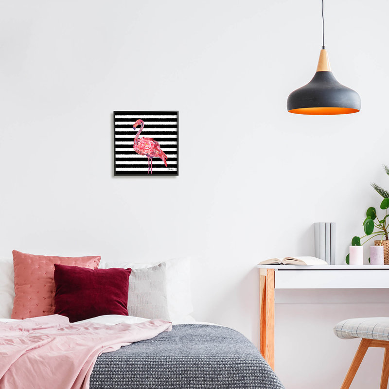 «Blossoming Pink Flamingo Stripes», art numérique par Paul Brent, Giclée encadrée noir minuit, H 12 po x l 12 po x P 1,5 po