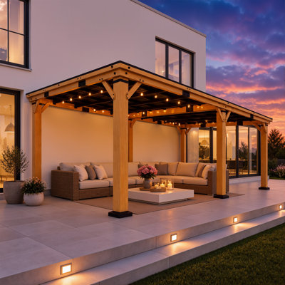 Gazebo de terrasse en cèdre de 6 m x 3,6 m avec toit rigide incliné en acier galvanisé, pavillon extérieur idéal pour les fêtes, les repas, les conversations et les grillades.