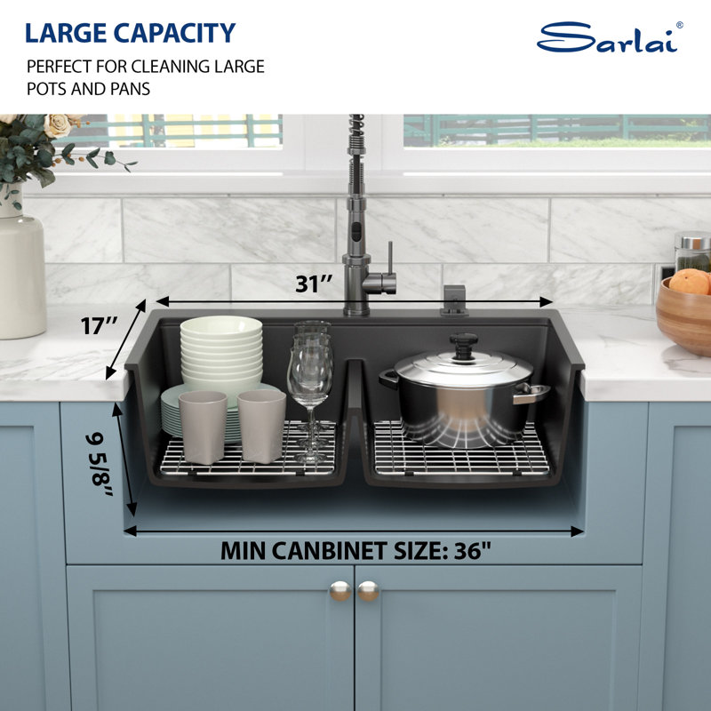 Quartz 33" L x 22" W Grantie Composite Drop-In Kitchen Sink 50/50 Double Bowl Workstation Sink with Accessories, Black