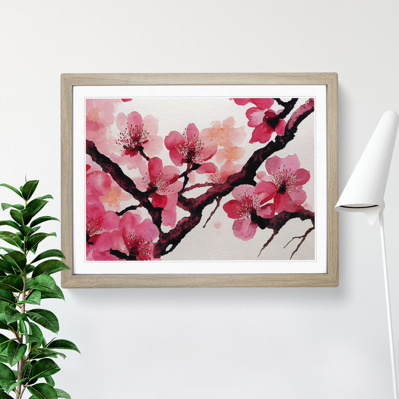 Cherry Blossom Flower Watercolour Vol.2 - Single Picture Frame Painting, 46cm H x 64cm W x 2cm D, Oak