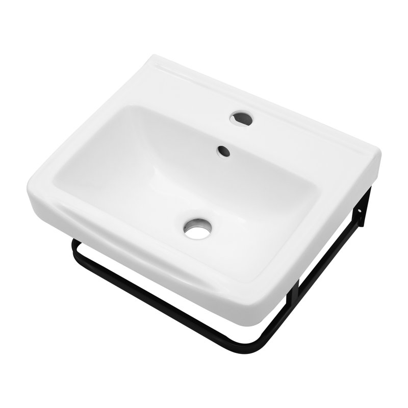 Lavabo de salle de bain mural en céramique 17 "x 14" avec porte-serviettes en porcelaine blanche avec trou de trop-plein Lavabo de salle de bain flottant rectangulaire avec trou de robinet simple