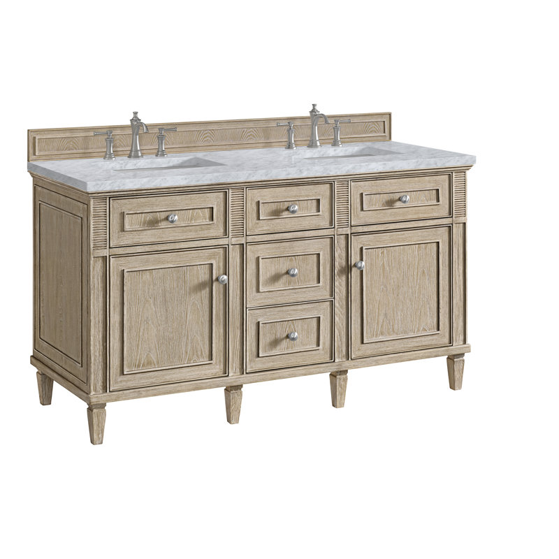 Lorelai 60'' W Double Vanity, Whitewashed Oak, 8" Widespread, Carrara White
