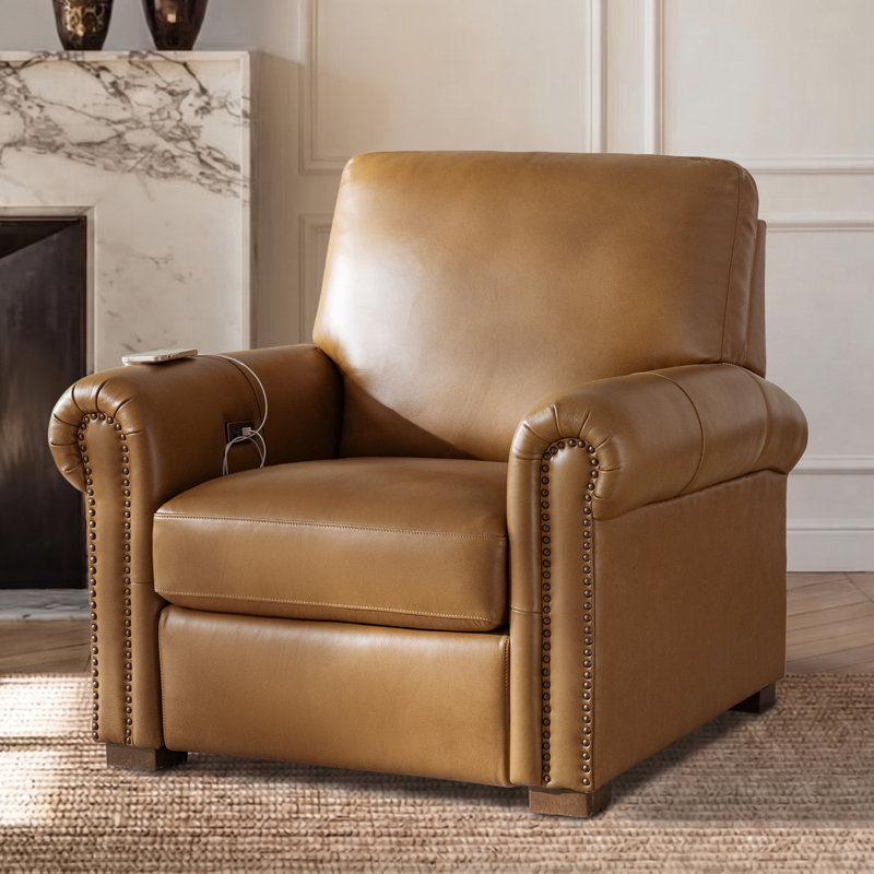Fauteuil inclinable en cuir véritable rembourré de duvet d'Igon, Cuir véritable chameau