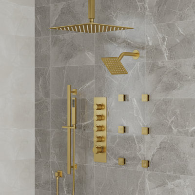 Ceiling Mount 16" Dual Rainfall Thermostatic Shower System with 6 Body Jets and Handheld Spray