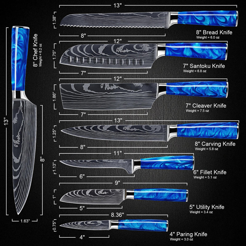 Senken Knives Senken Knives 8-Piece Japanese Kitchen Knife Set With Damascus Blade Pattern & Blue Resin Handles - Cerulean Collection Professional Chef Knife Set with Gift Box