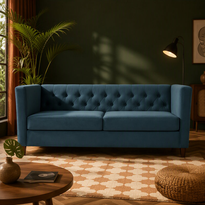 Canapé capitonné en velours 3 places avec pieds fuselés, Navy Blue Polyester