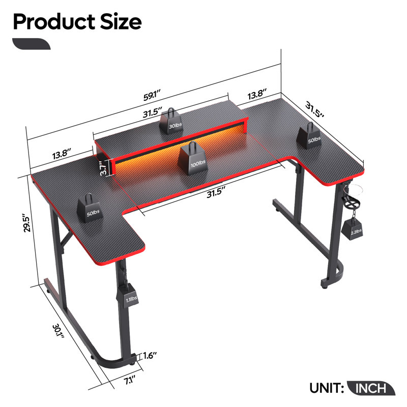 Monike 51“/59” U-Shaped Computer Desks with LED Lights, Gaming Desks with Monitor Stand, Headphone Hook and Cup Holder