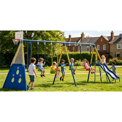 Ensemble de balançoire en métal 8-en-1 pour la cour arrière, ensemble de jeu extérieur pour enfants avec glissade, soucoupe et balançoires à ceinture simple, panier de basketball + but de soccer, cadre en A robuste pour les enfants de 3 à 10 ans