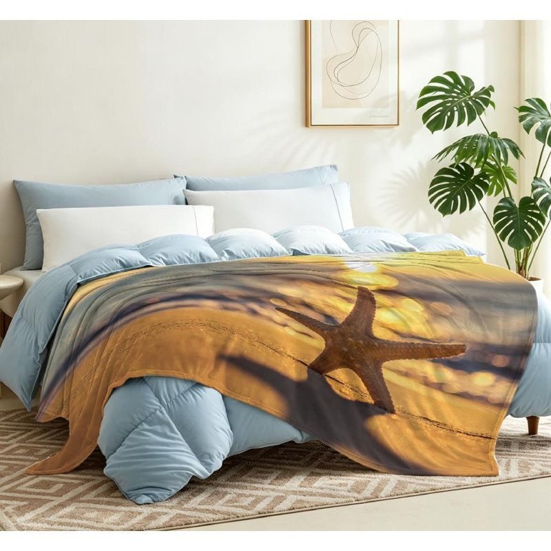 Jeté en flanelle bleue ultra douce, étoile de mer sur la plage, imprimé recto, Throw 50" x 60"