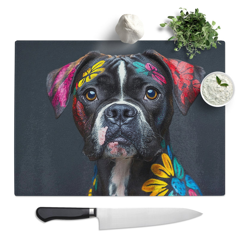 Floral Dog  Glass Chopping Board