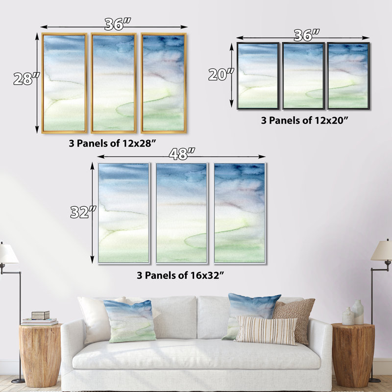 Pastel abstrait avec taches bleu foncé, vertes et blanches - ensemble d'art moderne sur toile encadrée moderne de 3, Noir