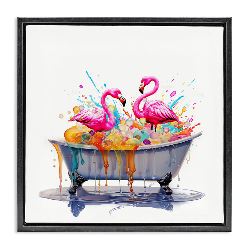 «Flamingo Bubble Bath», art mural encadré sur toile flottante par Mary Cunningham, Cadre flottant noir de jais