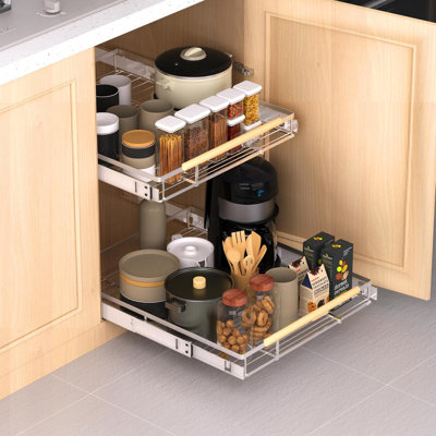 Expandable Pull Out Drawer Cabinet Organizer, Adjustable Width Bottom-Mounted Slide Out Storage Shelves For Cabinets, Required Cabinet Size (W: 10.16"