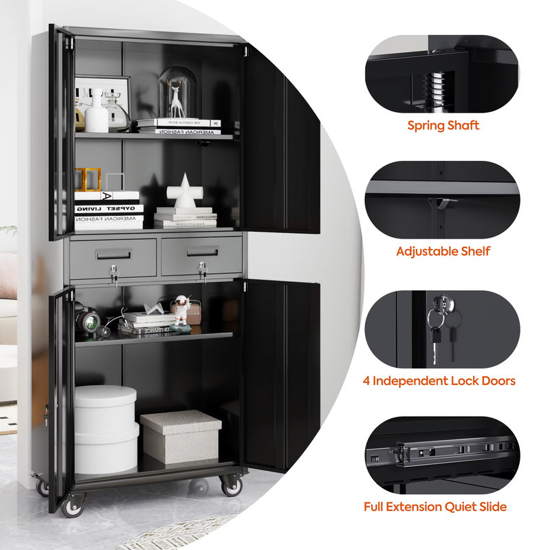 Armoire de garage avec portes verrouillables, armoire de rangement pour outils avec 4 roulettes et 2 tiroirs et tablettes réglables - Armoire de rangement roulante H 71 po pour garage, entrepôt, maison, bureau, école (noir)