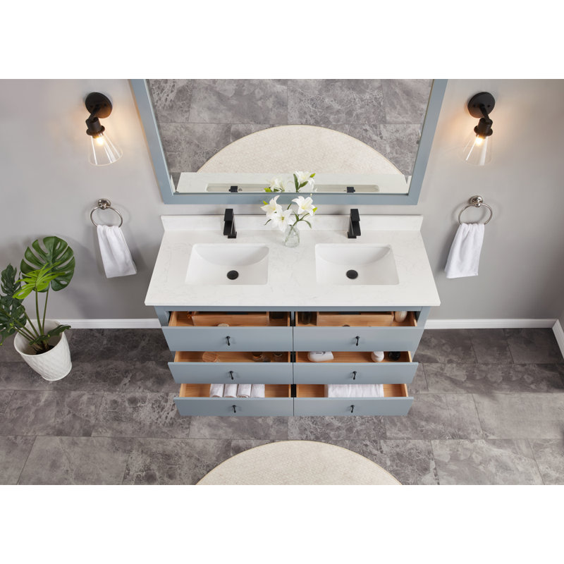 Meuble-lavabo double 60 po en bois massif avec plateau en marbre d'ingénierie 1 po, Cadet
