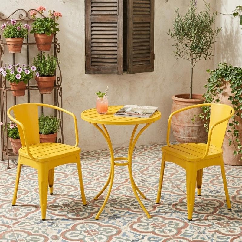Modern Iron Bistro 3 Piece Bistro Set with Round Table and 2 Armchairs for Patio Balcony Porch Poolside, Yellow