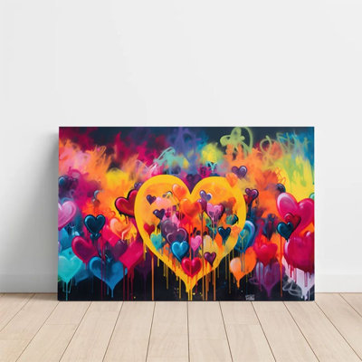 1Pc Framed Canvas Poster Print Heart-shaped pattern, colorful graffiti, street art style Wall Art Wall Pediments, Wall Decor, Perfect for Room Decor L
