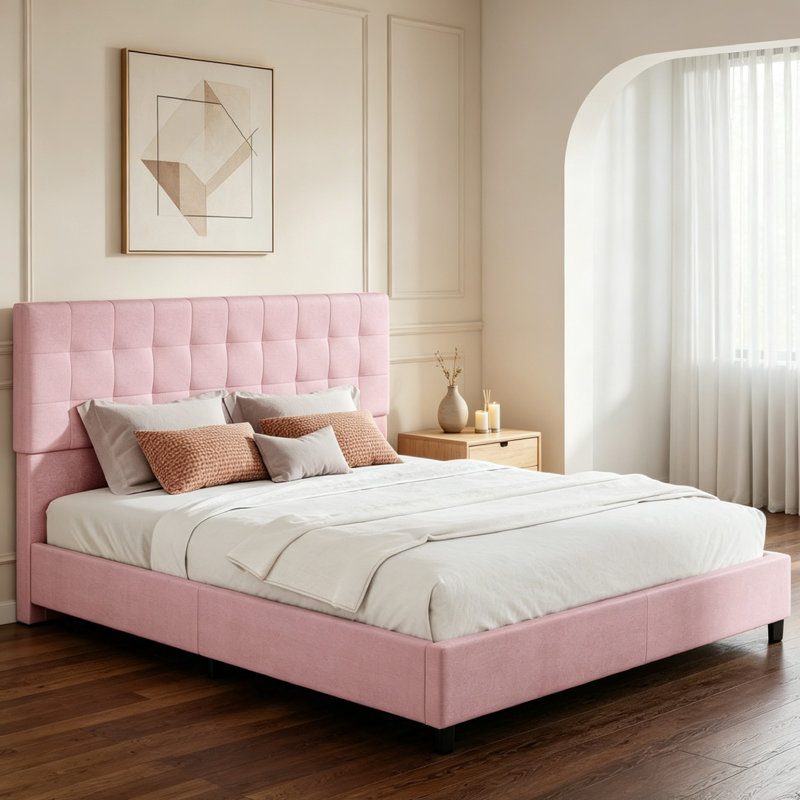 Très grand lit plateforme avec tête de lit, cadre de lit avec 4 tiroirs de rangement sous le lit, assemblage facile, Rose
