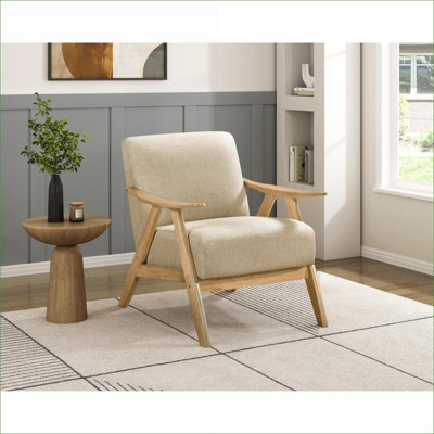 Chaise d'appoint rembourrée en tissu brun clair, structure en bois d'hévéa massif naturel, assise rembourrée et amp; Dossier pour salon adultes chambre à coucher