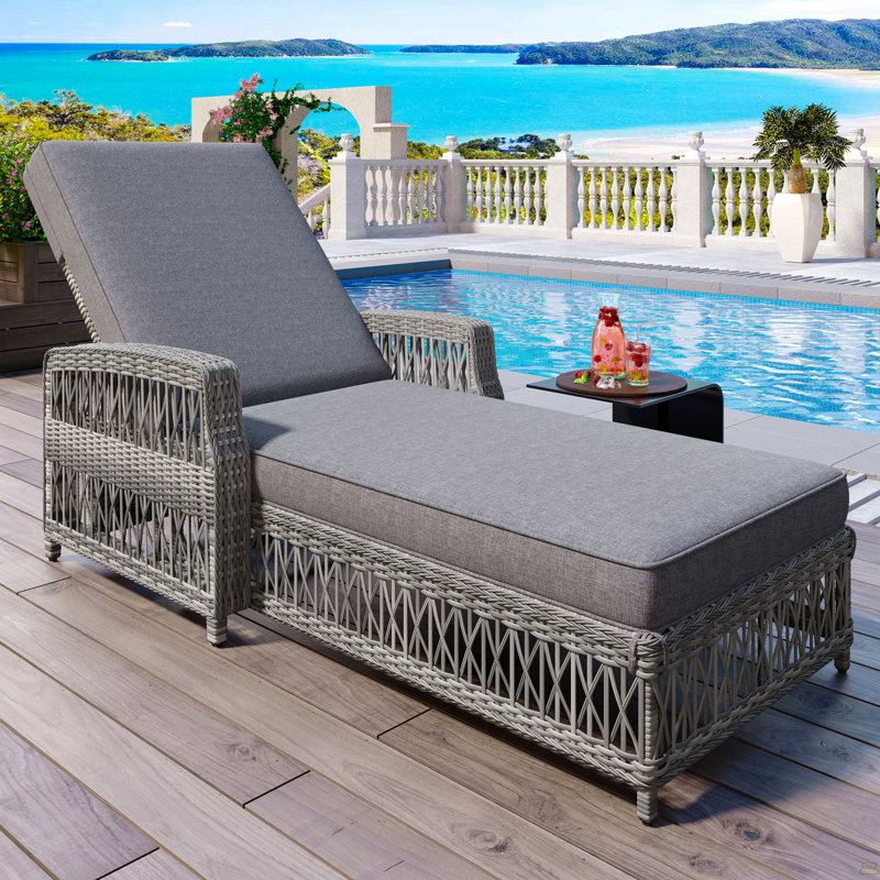 Chaise longue d'extérieur inclinable, chaise longue en osier avec accoudoirs, Gris