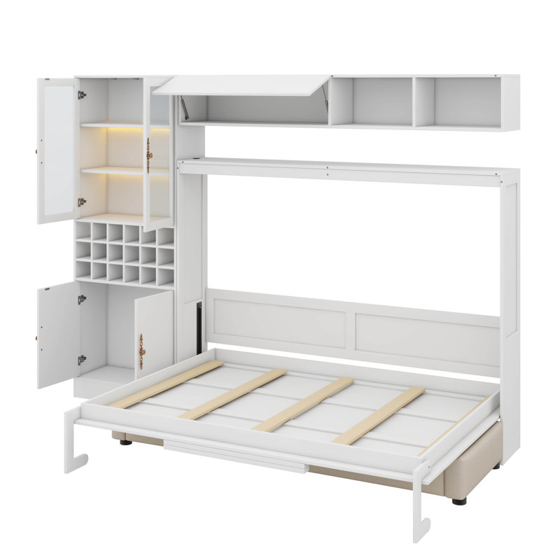 Lit escamotable mural avec canapé encastré, tablettes, ports de chargement USB et éclairage, Blanc, Double