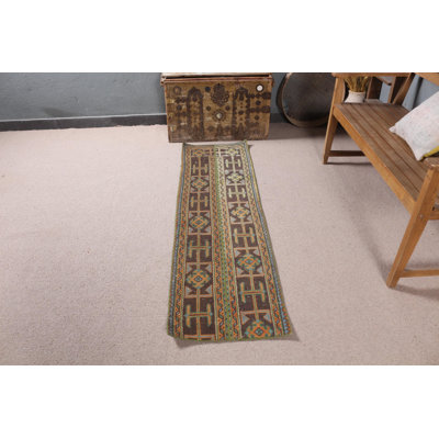 Tapis turc tissé à la main en laine antique au design complexe, parfait pour votre couloir