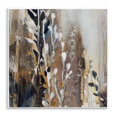 Peinture abstraite moderne brun-gris, plantes en cascade, encadré noir, art texturé par K. Nari