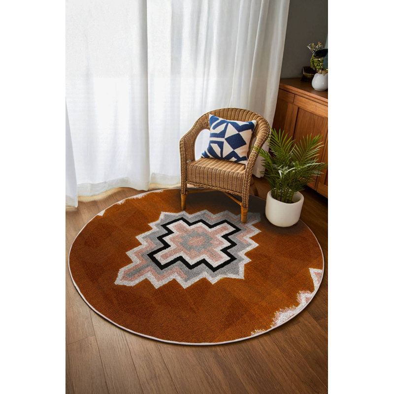 Argan Collection Digital Print Cotton-Polyester Brown Moroccan Rug, Round 3'4"