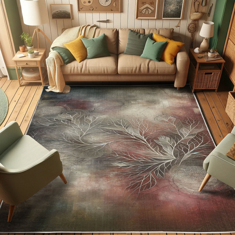 Gray and Ruby Bohemian Synthetic Rectangular Area Rug