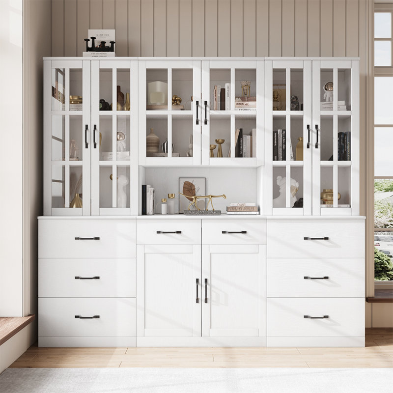 71" H X 126" W Bookcase Cabinet With Glass Doors And Large Storage Drawers(2C+2D+E), White