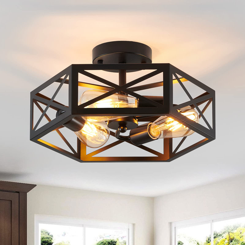 3 Light Hexagon Cage Flush Mount Ceiling Light Fixture, Black
