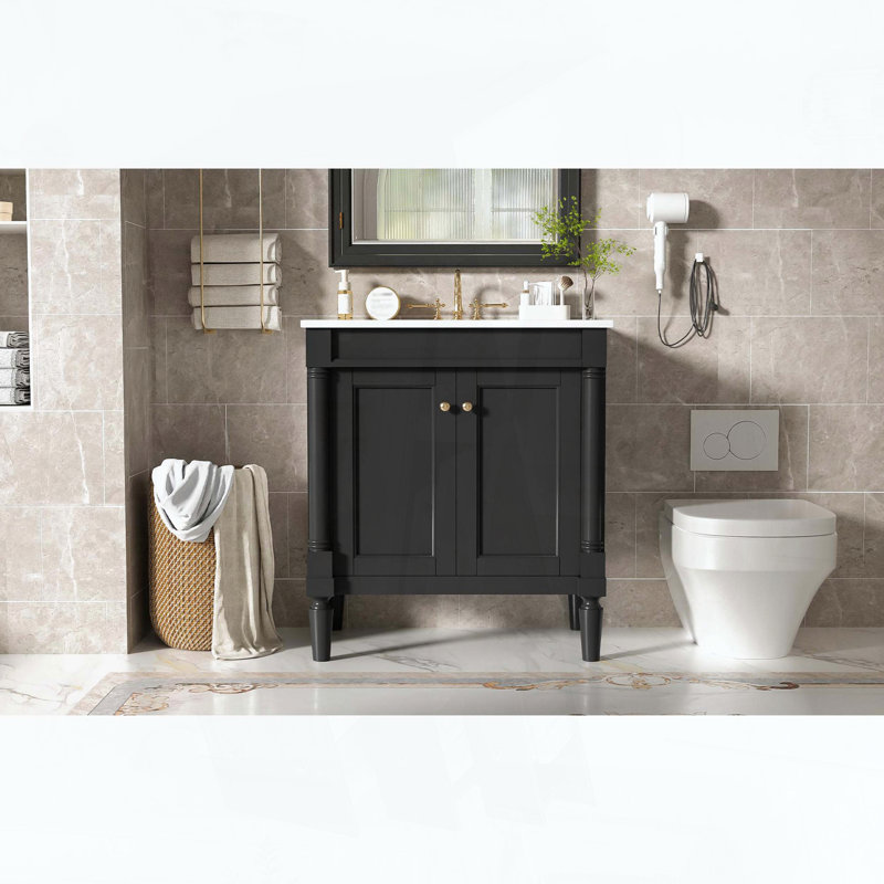 Meuble-lavabo avec lavabo en céramique, deux portes à fermeture douce, pieds en bois massif et tablette réglable, vert, Green