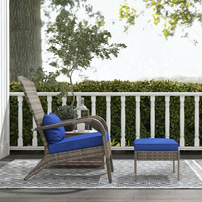 Wicker Adirondack Chair and Ottoman Set with Padded Cushions, Blue