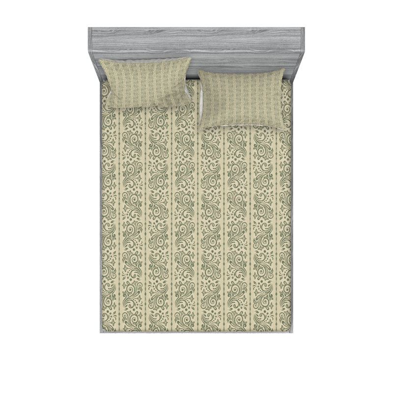 Ambesonne Victorian Fitted Sheet & Pillow Sham Grey Yellow Sage Green, Cal King Sheet Set + 5 Additional Pieces