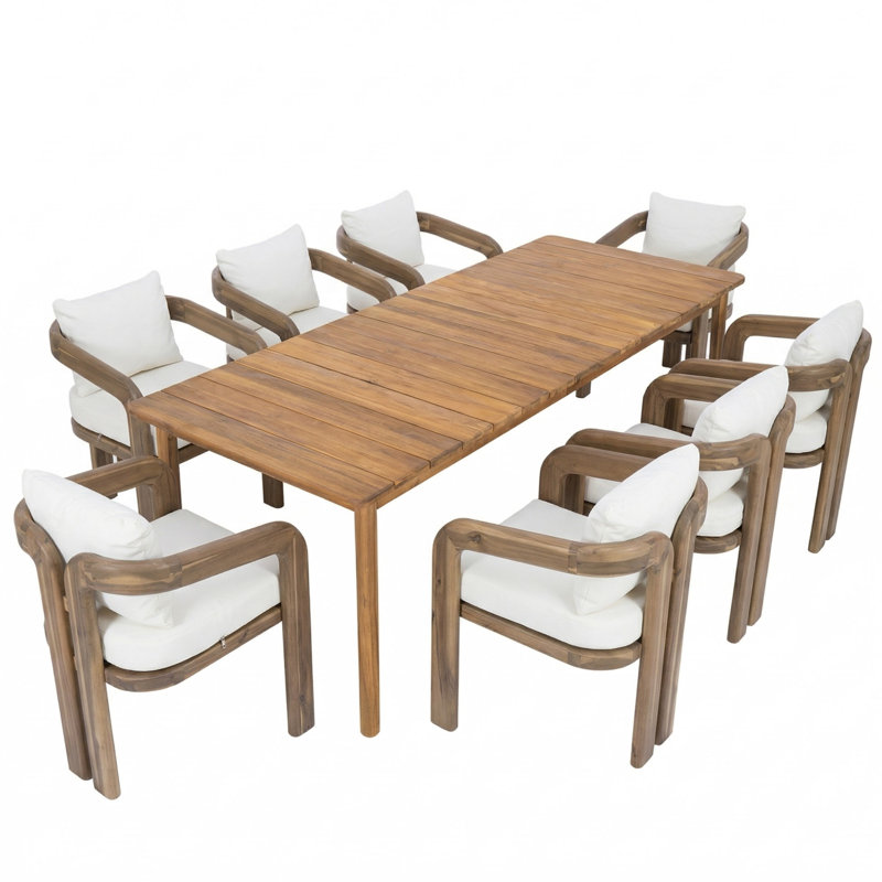 Nordby 8-Person Scandinavian Modern Sustainable Acacia Wood Outdoor Dining Set With Cushions