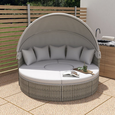 Patio Round Rattan Daybed Two-Tone Weave Sunbed With Retractable Canopy And Cushions