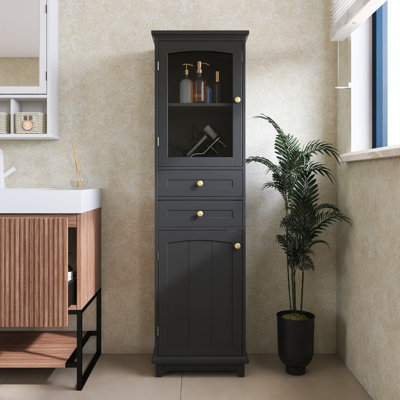 Armoire de rangement pour salle de bain de 63 po de hauteur avec portes en verre, deux tiroirs et tablettes réglables, panneau de fibres à densité moyenne