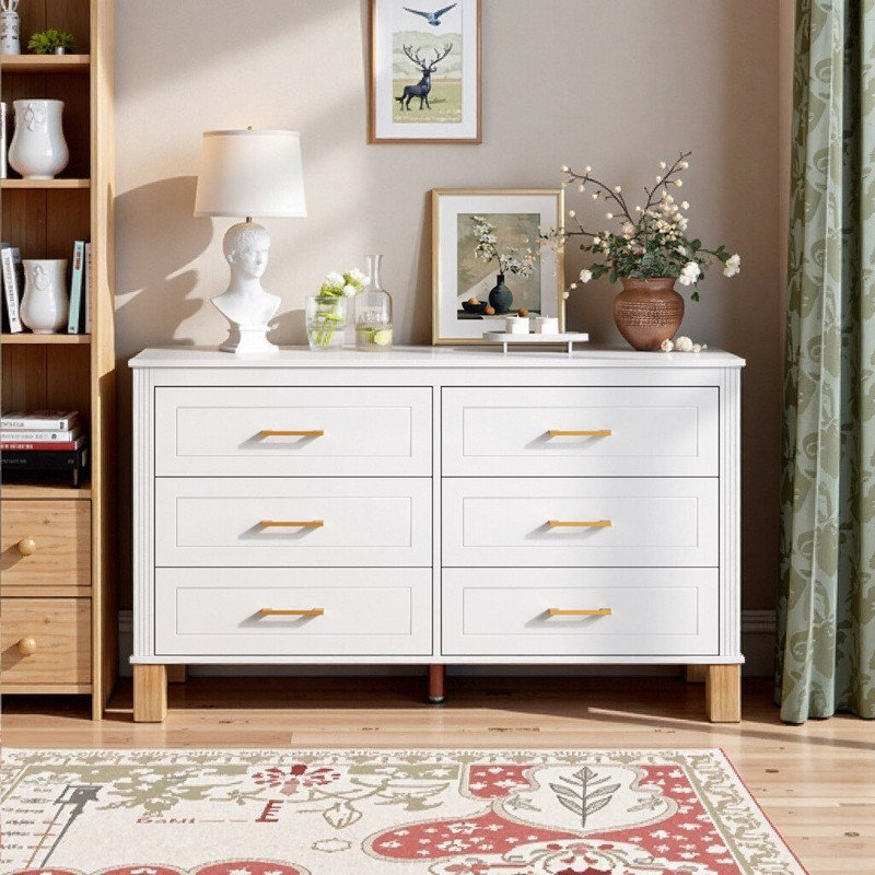 Scrigno 6-Drawer Double Dresser With Solid Wood Frame & Metal Handles, 47.24 L Storage Cabinet, White