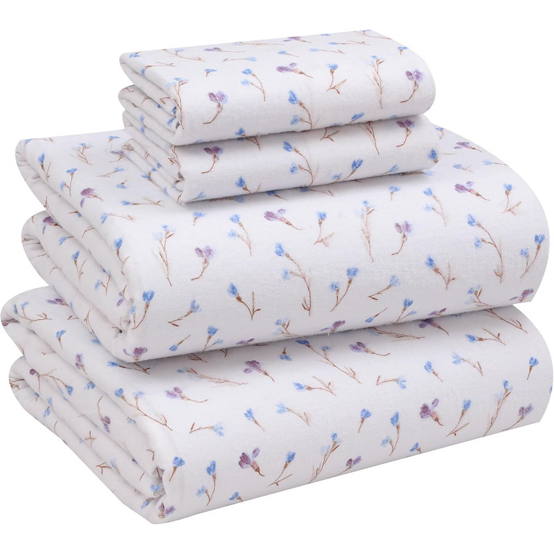 Ensemble de draps 100% flanelle 4 pièces, Ensemble de draps pour lit double / grand avec 4 p, Paille séchée / floral