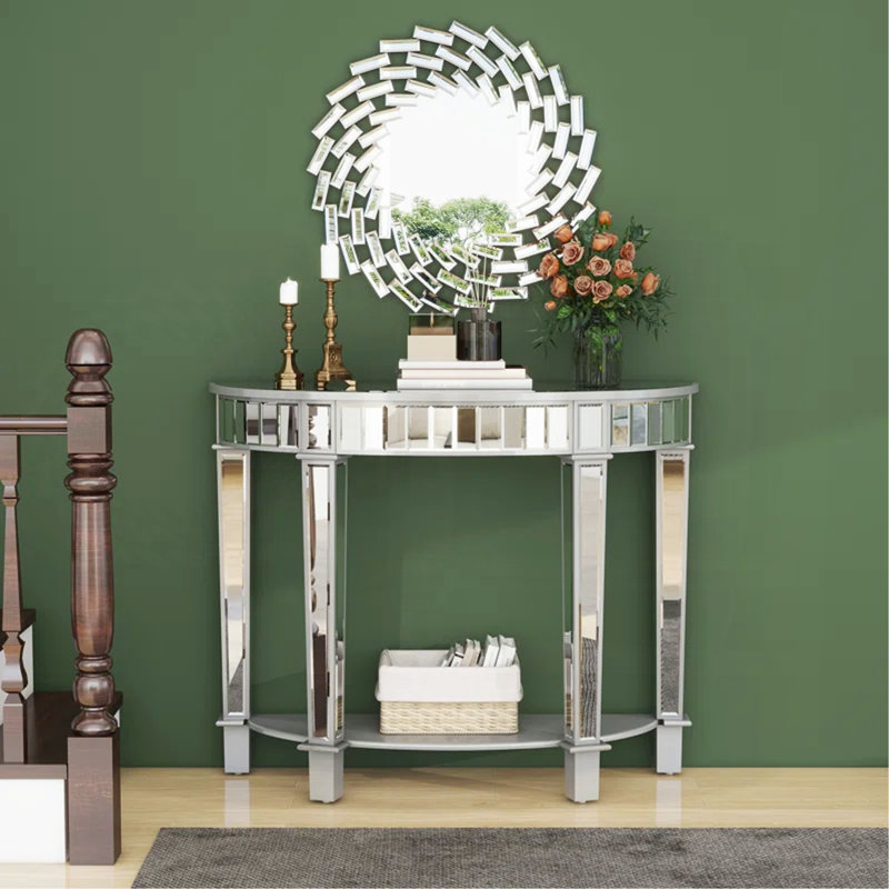 Console moderne en verre à miroir avec tablettes de rangement ouvertes et style rétro