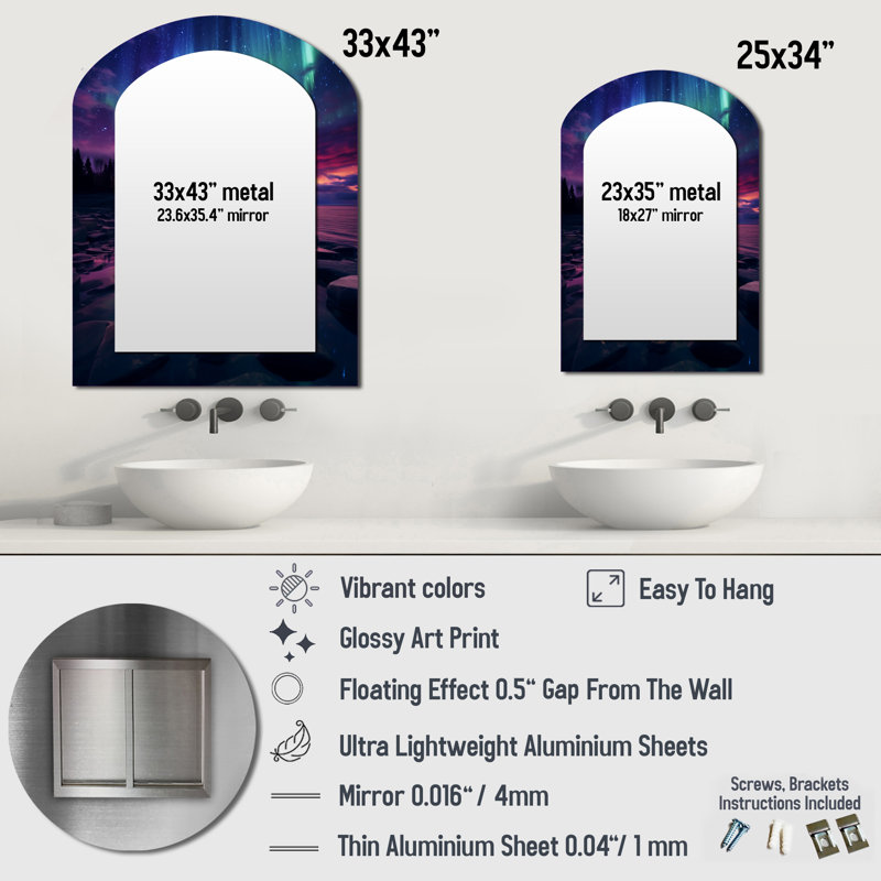 Magique Aurora Borealis Artic Lake Serenity II - miroir mural arqué Northern Lights, miroir décoratif asymétrique rose, impression d'art en métal