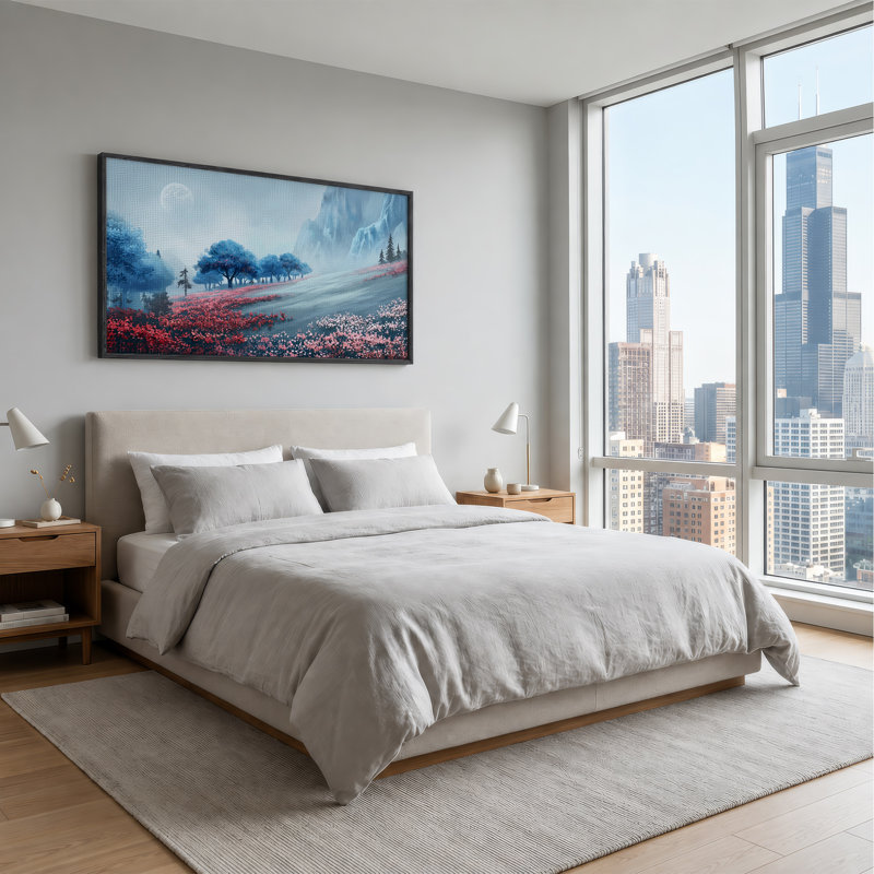 Toile rose sur fond de fleur rose, arbres bleus, montagne brumeuse au clair de lune, L 46 po x H 24 po