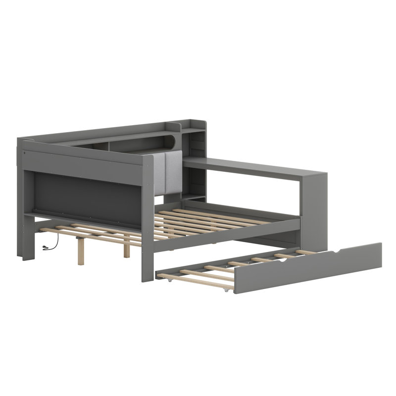 Station de couchage moderne convertible avec espace de travail intégré, plateforme de couchage supplémentaire, ports de chargement pour appareils, DEL personnalisables et support dorsal rembourré