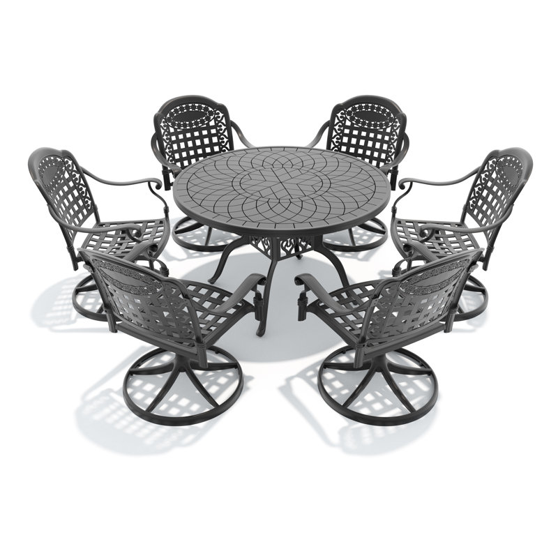 Ensemble de salle à manger rond de patio 7 pièces de 47,24 po avec 6 chaises pivotantes et coussins bleus